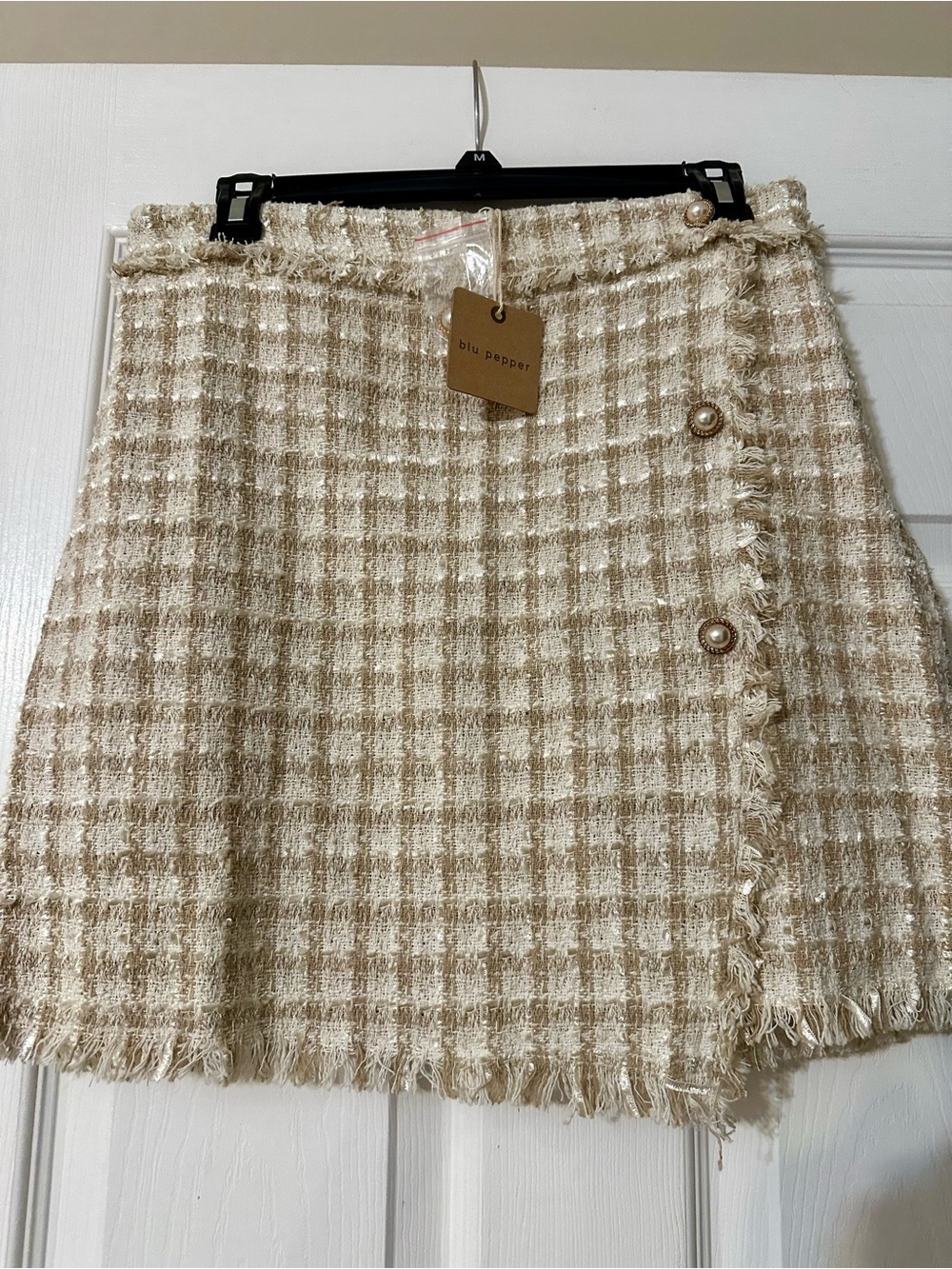 Blu Pepper Cream and Tan Plaid Fringe Midi Skirt